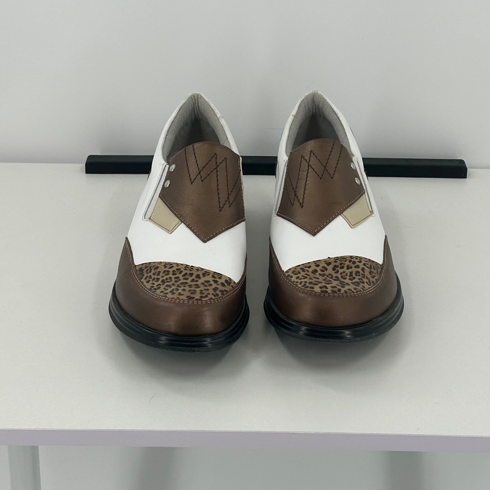 Sandbaggers Pip Golf Shoes Womens 8 Leather Leopard Print Bronze White Slip On - Picture 4 of 10